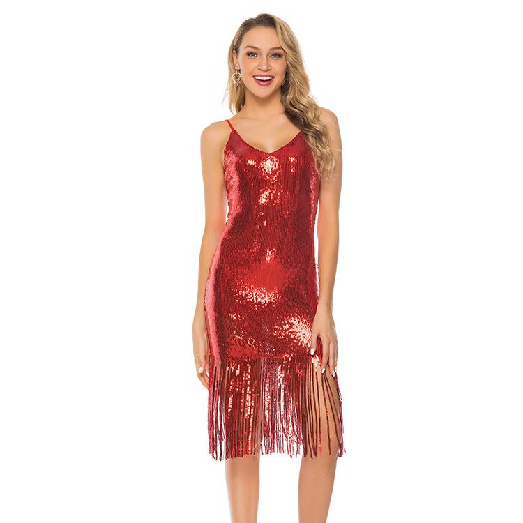 Sexy Sequined Tassel Backless Party Mini Dresses-Dresses-Red-S-Free Shipping at meselling99