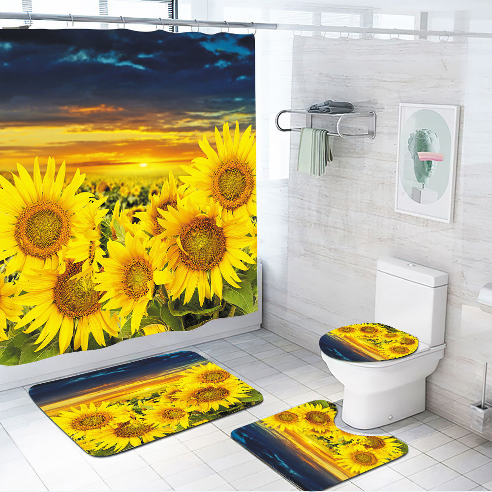 3D Sunflower Shower Curtain Set Bathroom Rug Bath Mat Non-Slip Toilet Lid Cover-Shower Curtains-E-Shower Curtain+3Pcs Mat-Free Shipping at meselling99
