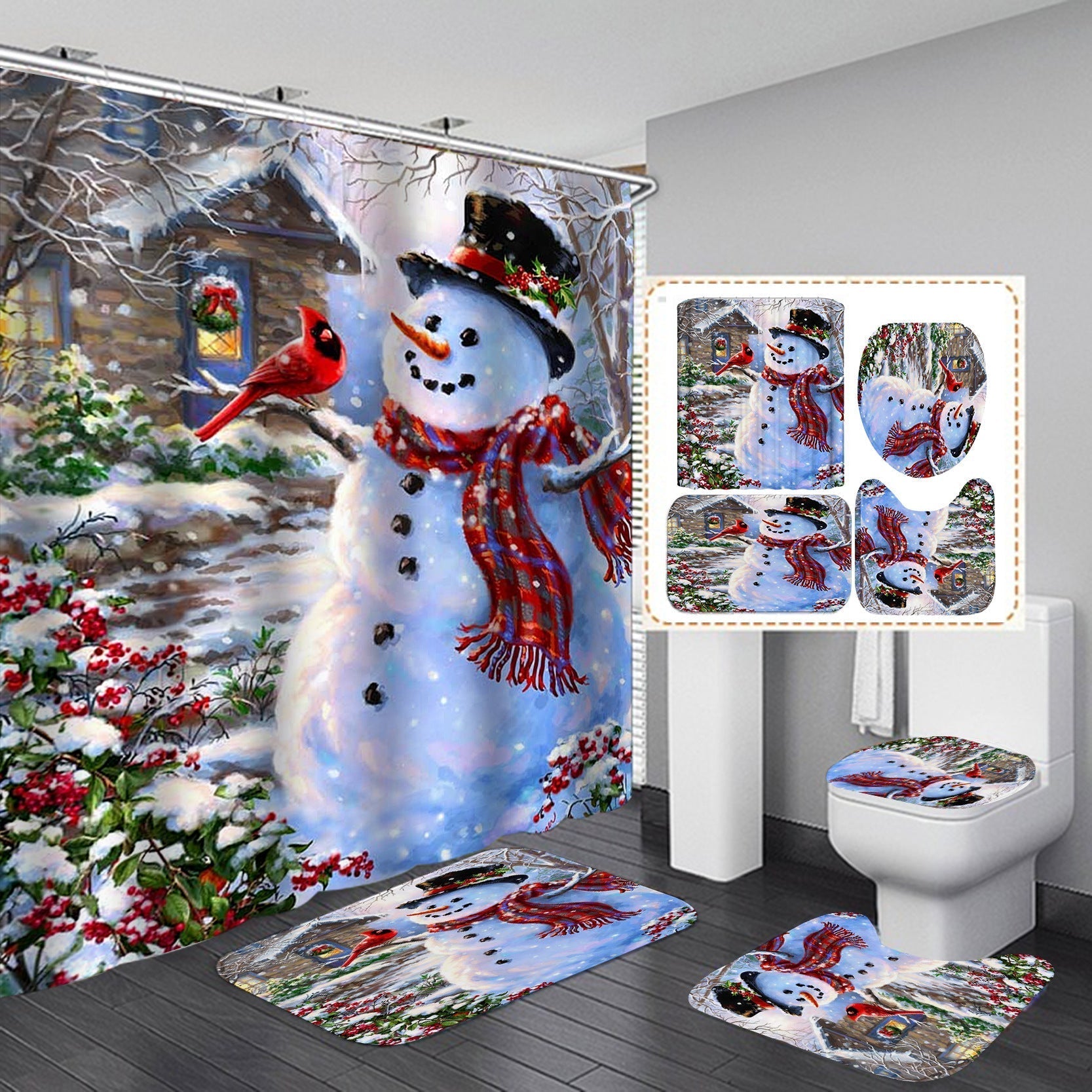 Christmas Dec Shower Curtain Bathroom Rug Set Bath Mat Non-Slip Toilet Lid Cover-Shower Curtain-180×180cm Shower Curtain Only-3-Free Shipping at meselling99