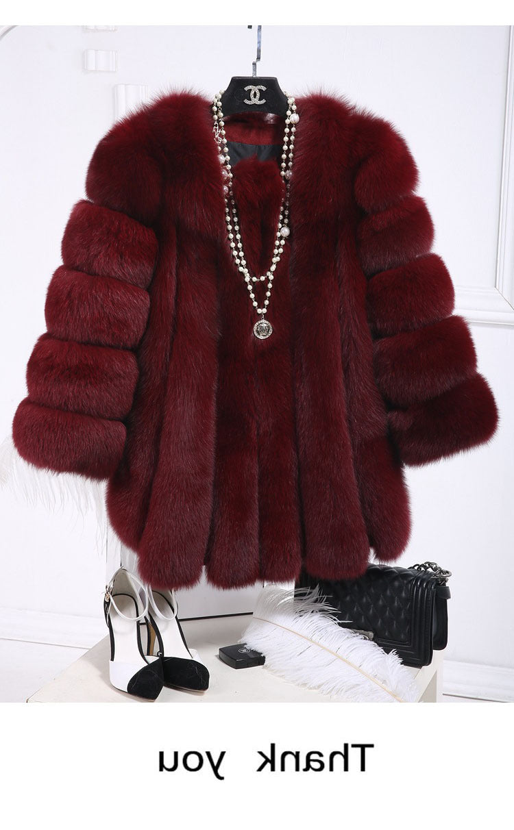 Artificial Fox Fur Women Winter Overcoat-Outerwear-Wine Red-S-Free Shipping at meselling99