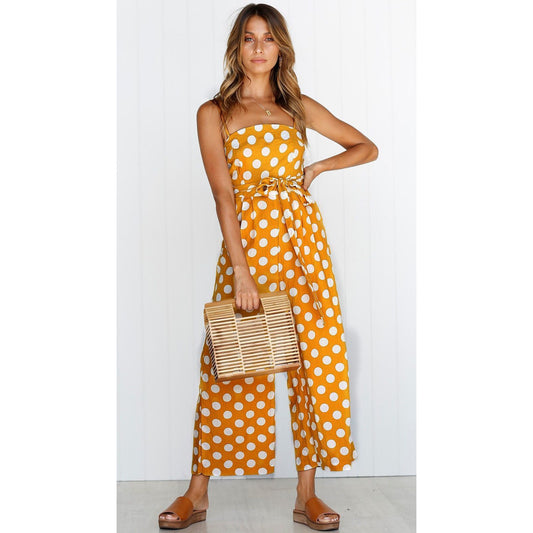 Women Sleeveless Dot Print High Waist Summer Jumpsuits-Yellow-S-Free Shipping at meselling99