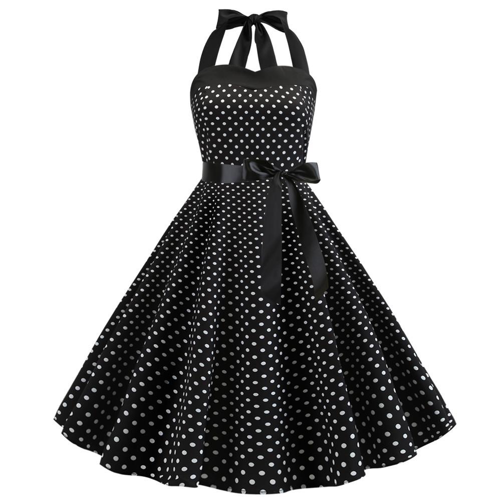 Summer Halter Dot Print Strapless Retro Dresses-Vintage Dresses-Black-S-Free Shipping at meselling99