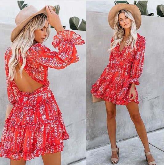 Sexy Backless Ruffled Short Beach Dresses-Sexy Dresses-Red-S-Free Shipping at meselling99