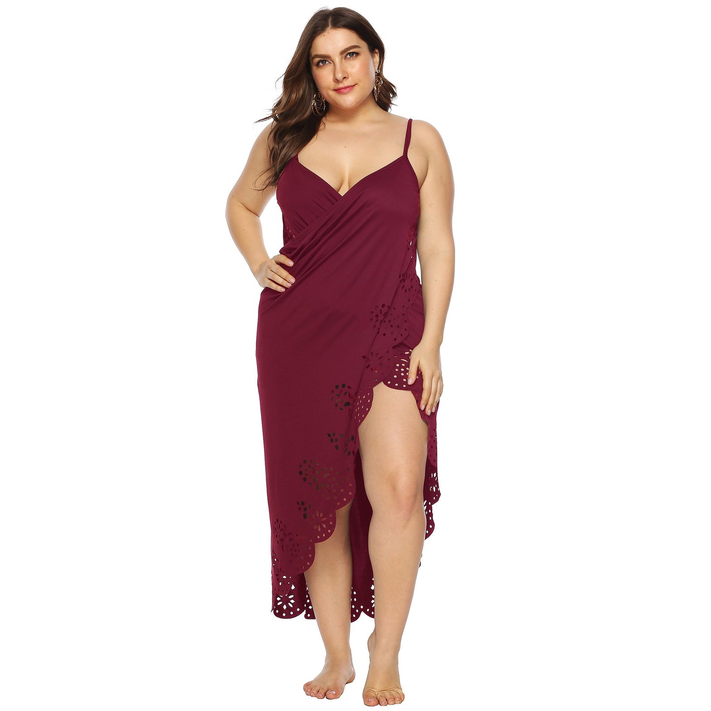 Women Plus Sizes Hollow Out Irregular Long Dresses Cover Ups-Maxi Dresses-Dark Red-1XL-Free Shipping at meselling99