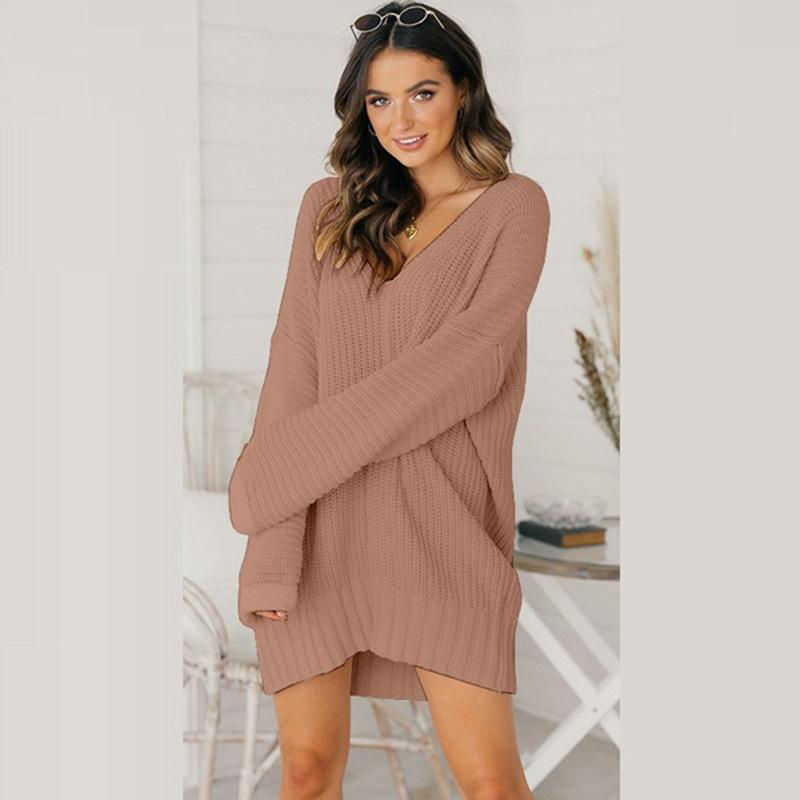 Fashion Loose V Neck Long Knitted Sweaters-Dresses-Pink-S-Free Shipping at meselling99