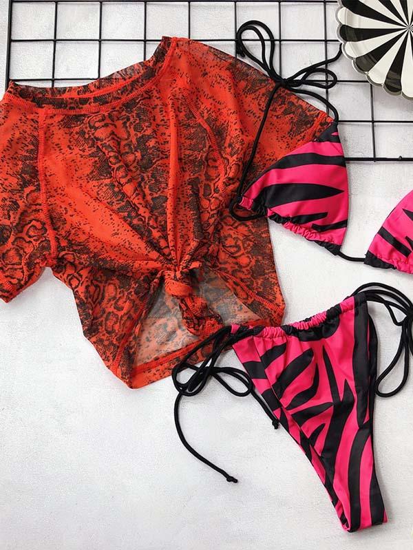 Meselling99 Snakeskin Print Lace-Up Tankini Swimsuit-Tankinis Swimwear-RED-S-Free Shipping at meselling99