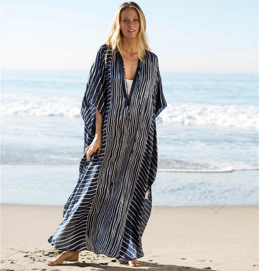 Chiffon Striped Summer Beachwear Cover Ups-Blue-One Size-Free Shipping at meselling99