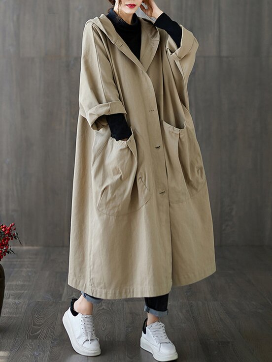 Meselling99 Long Solid Knee Length Hooded Trench Coats-Outwears-KHAKI-FREE SIZE-Free Shipping at meselling99