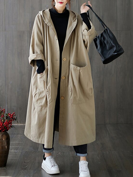 Meselling99 Long Solid Knee Length Hooded Trench Coats-Outwears-Free Shipping at meselling99