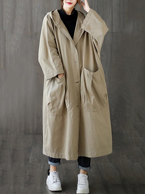 Meselling99 Long Solid Knee Length Hooded Trench Coats-Outwears-Free Shipping at meselling99