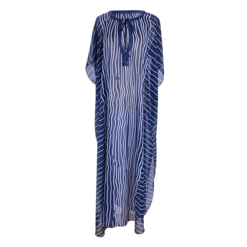 Chiffon Striped Summer Beachwear Cover Ups-Blue-One Size-Free Shipping at meselling99