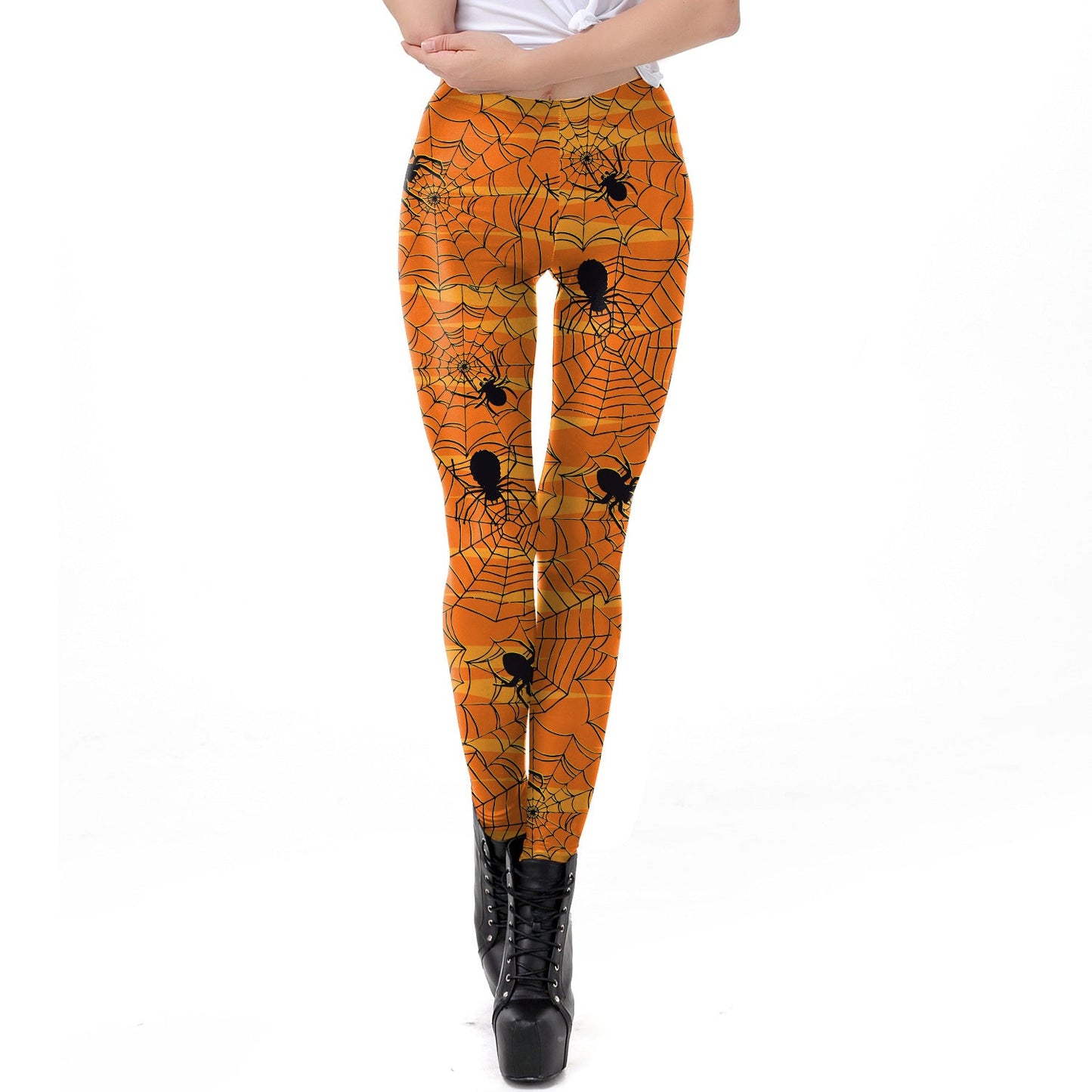 Halloween Pumpkin/Human Skeleton Print Elastic Leggings-Pants-WKDK1033-S-Free Shipping at meselling99