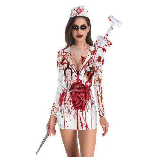 Halloween Nurse Zombie Long Sleeves Dresses Costume-Dresses-The same as picture-S-Free Shipping at meselling99