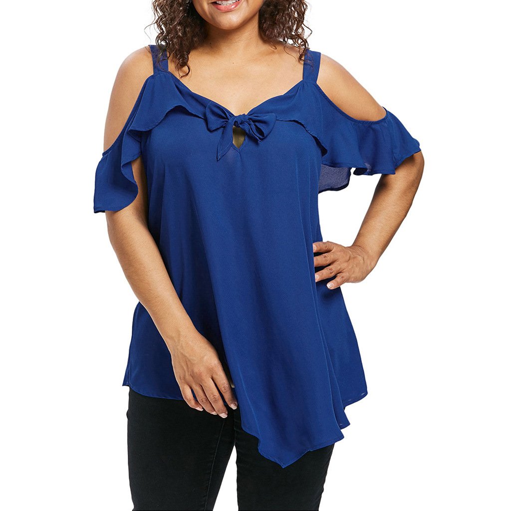 Women Bowknot Irregular Chiffon Plus Sizes Short Sleeves Shirts-Blue-L-Free Shipping at meselling99