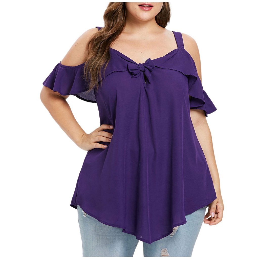 Women Bowknot Irregular Chiffon Plus Sizes Short Sleeves Shirts-Purple-L-Free Shipping at meselling99