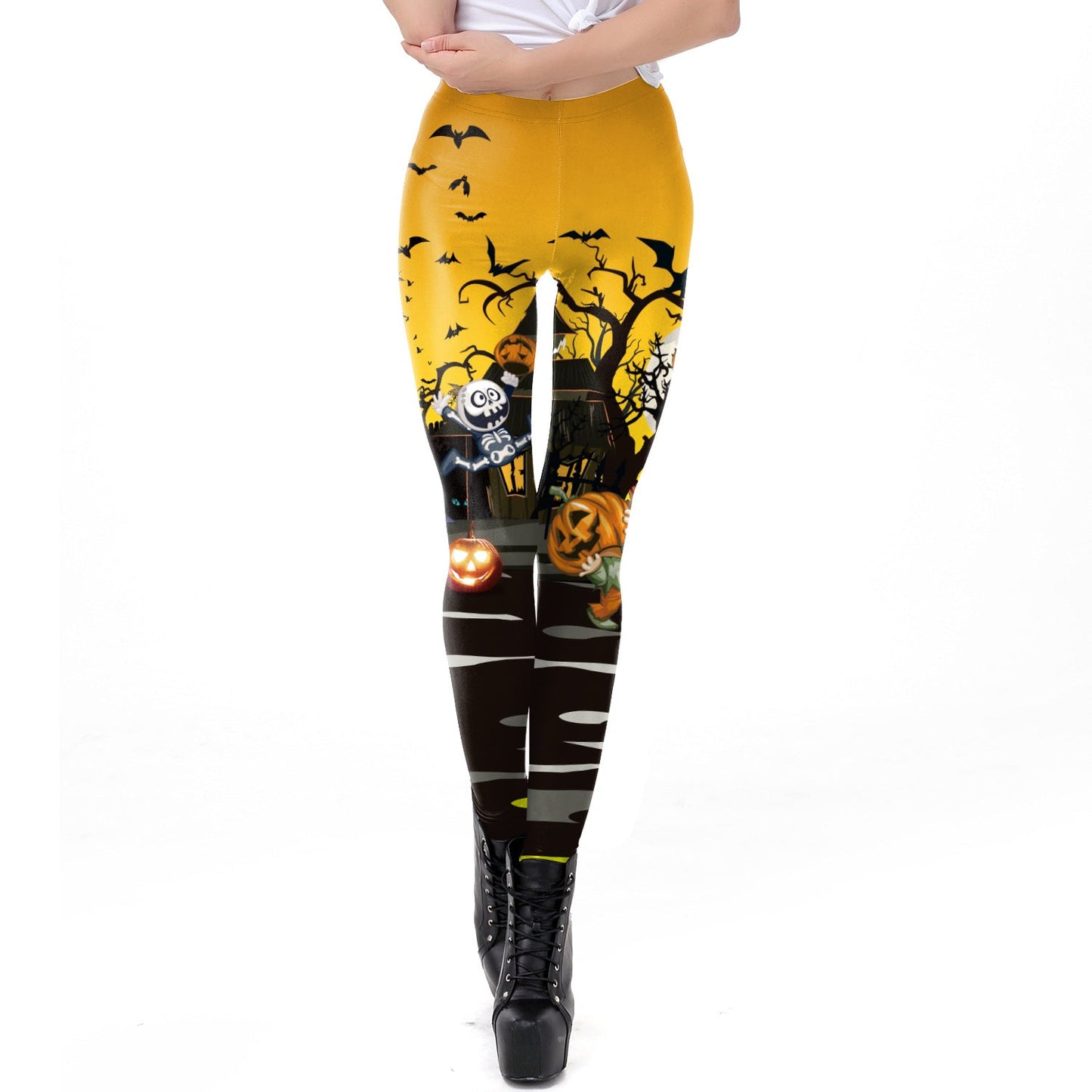 Halloween Pumpkin/Human Skeleton Print Elastic Leggings-Pants-WKDK1035-S-Free Shipping at meselling99