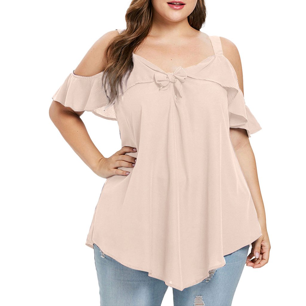 Women Bowknot Irregular Chiffon Plus Sizes Short Sleeves Shirts-Pink-L-Free Shipping at meselling99