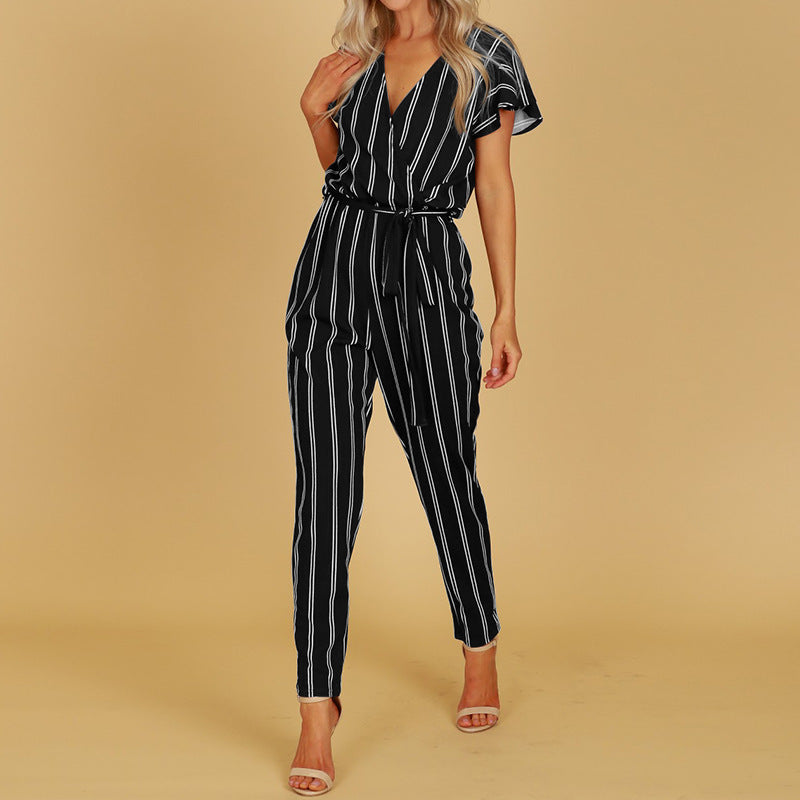 Women Striped Backless Short Sleeves Jumpsuits-Black Stripe-S-Free Shipping at meselling99