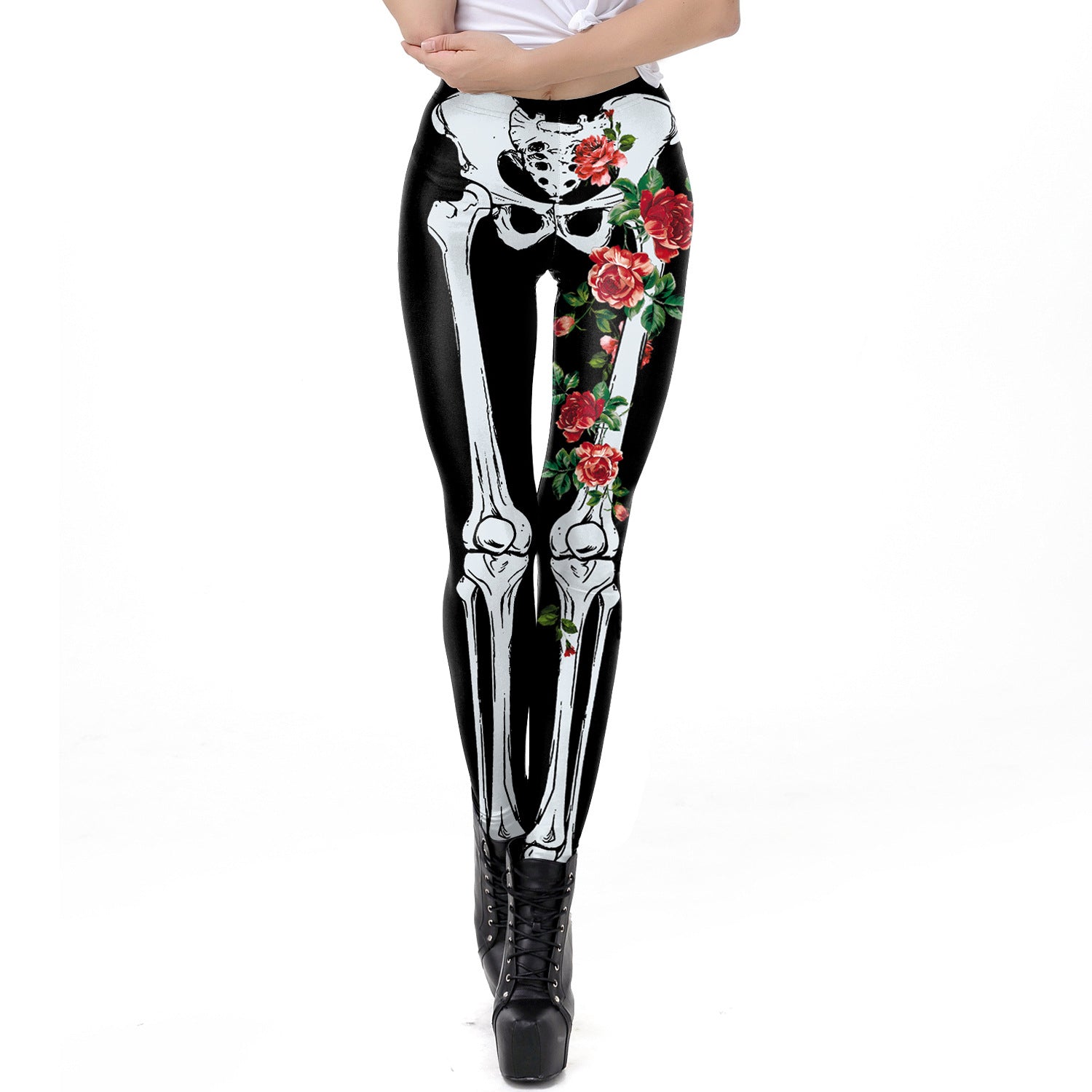 Halloween Pumpkin/Human Skeleton Print Elastic Leggings-Pants-WKDK1040-S-Free Shipping at meselling99