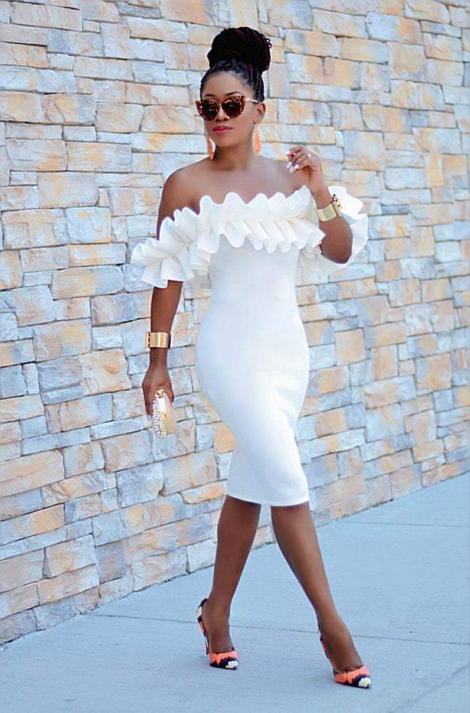 White Sexy Ruffled Bodycon Dresses-Sexy Dresses-Free Shipping at meselling99