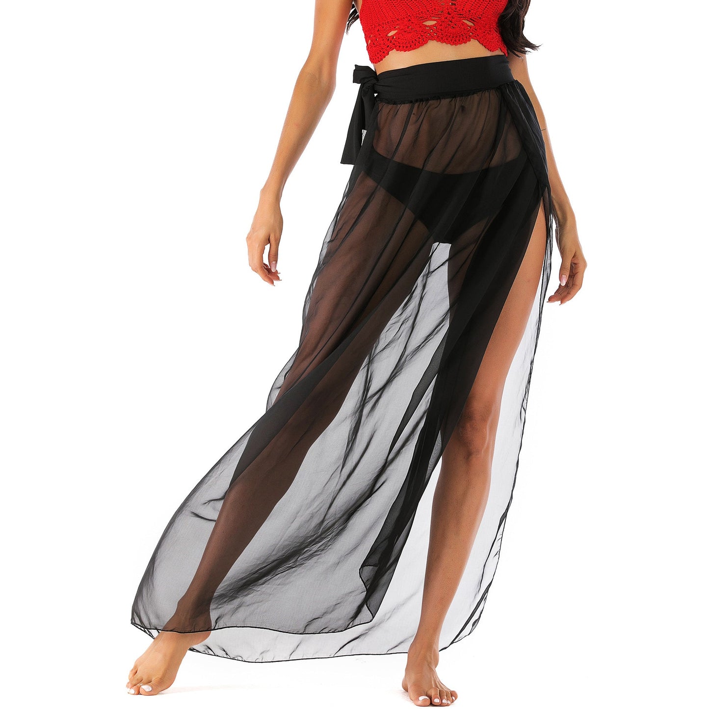 Black Irregular Chiffon See Throught Summer Beach Skirts-Swimwear-Free Shipping at meselling99