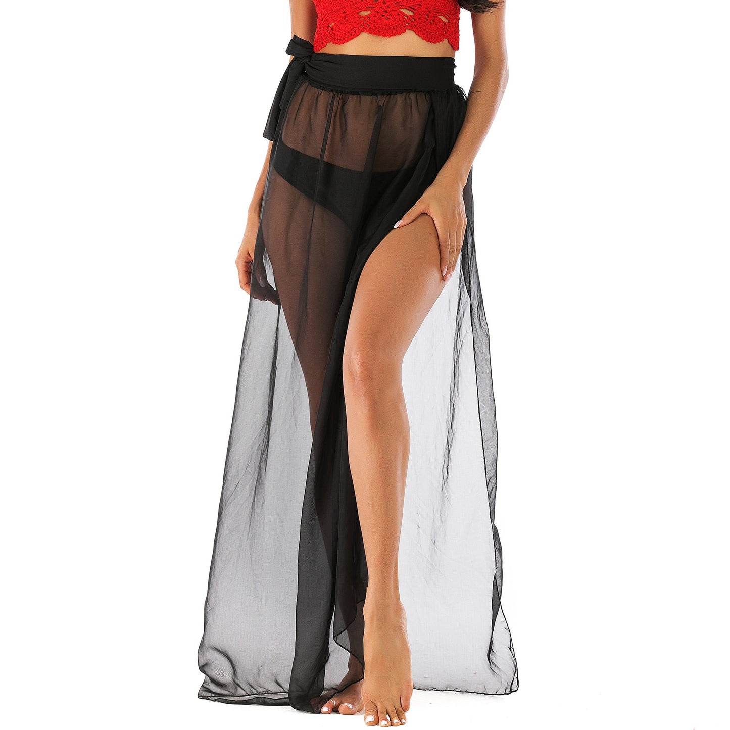 Black Irregular Chiffon See Throught Summer Beach Skirts-Swimwear-Free Shipping at meselling99