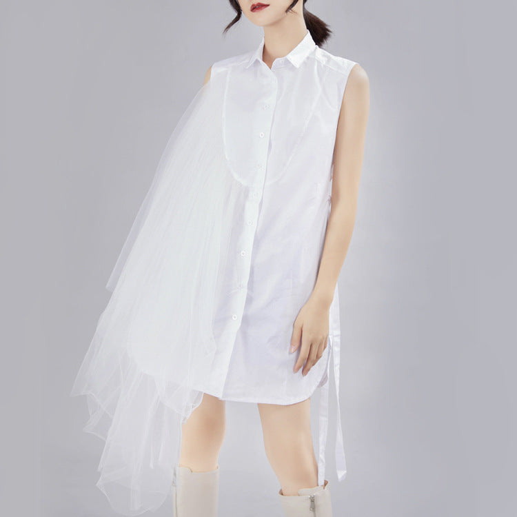 Designed Summer Irregular Tulle Sleeves Shirts Dresses-Dresses-White-S-Free Shipping at meselling99