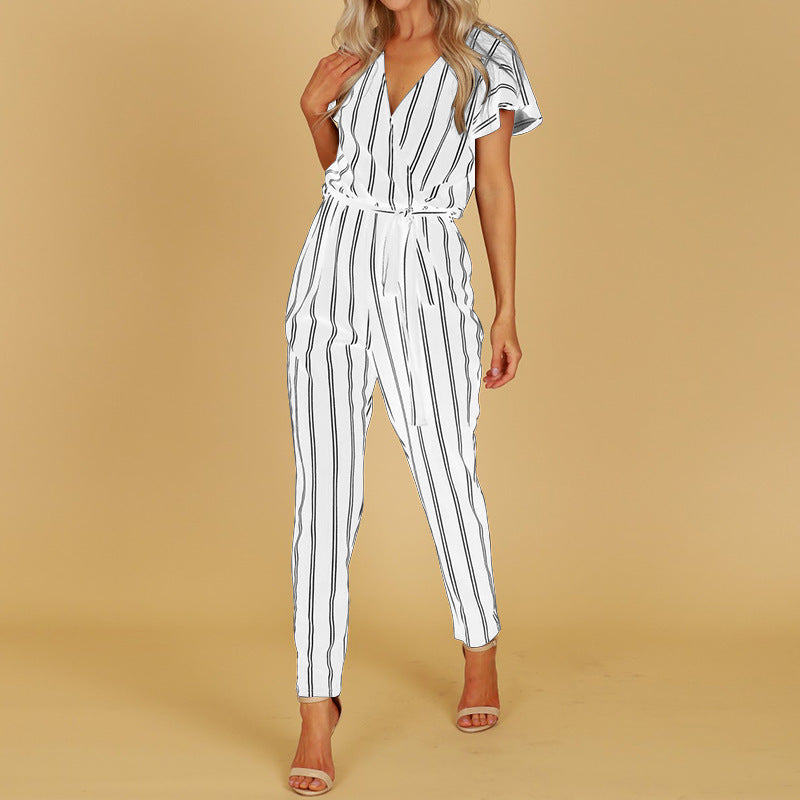 Women Striped Backless Short Sleeves Jumpsuits-White Stripe-S-Free Shipping at meselling99