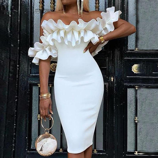 White Sexy Ruffled Bodycon Dresses-Sexy Dresses-White-S-Free Shipping at meselling99