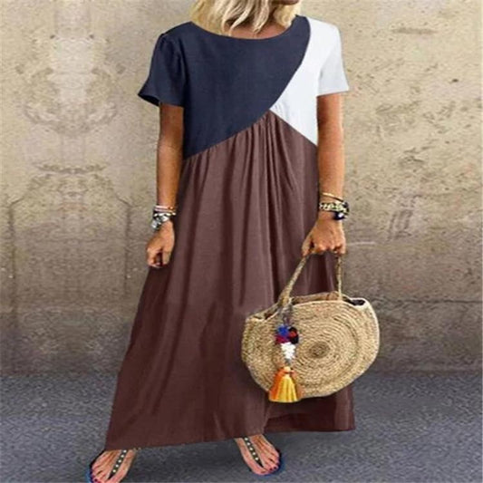 Women Plus Sizes Constract Color Long Dresses-Maxi Dresses-Brwon-S-Free Shipping at meselling99