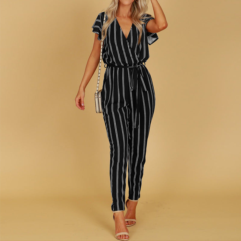 Women Striped Backless Short Sleeves Jumpsuits--Free Shipping at meselling99
