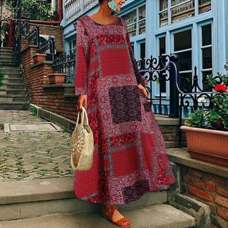 Plus Sizes Linen Long Sleeves Midi Dresses-Maxi Dresses-Red-S-Free Shipping at meselling99