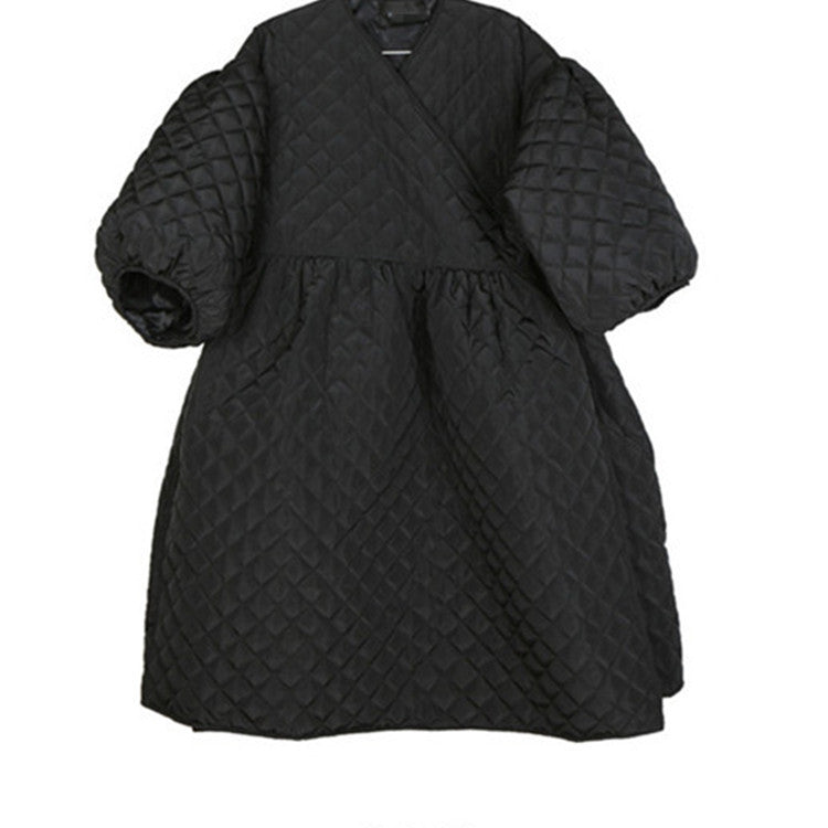 Black Women Puff Sleeves Rhombus Oversized Warm Winter Overcoat-Women Overcoat-Black-S-Free Shipping at meselling99