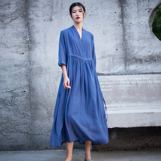 Casual Linen Half Sleeves Drawstring Long Cozy Dresses-Dresses-Blue-One Size-Free Shipping at meselling99