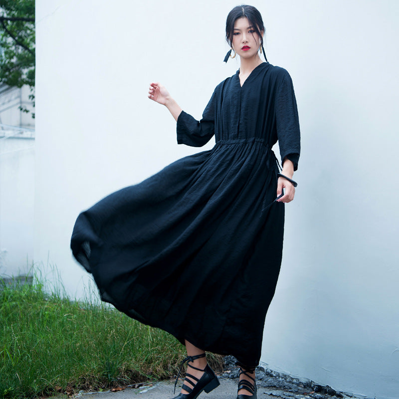 Casual Linen Half Sleeves Drawstring Long Cozy Dresses-Dresses-Black-One Size-Free Shipping at meselling99