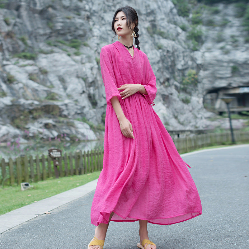 Casual Linen Half Sleeves Drawstring Long Cozy Dresses-Dresses-Rose Red-One Size-Free Shipping at meselling99
