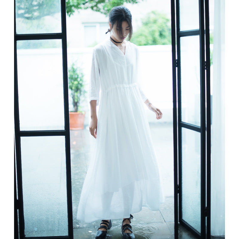 Casual Linen Half Sleeves Drawstring Long Cozy Dresses-Dresses-White-One Size-Free Shipping at meselling99