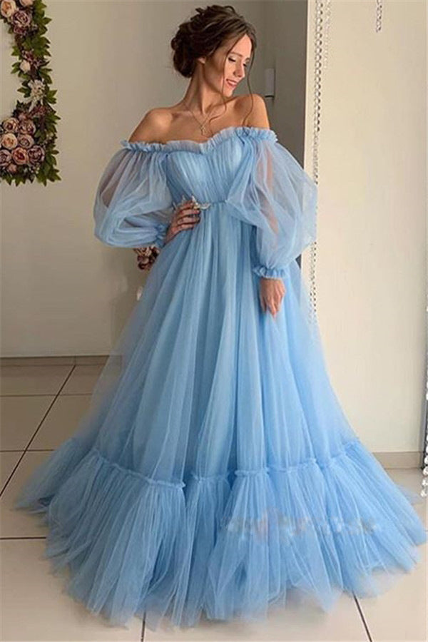 Fairy Off the Shouder Gauze Long Dresses-Maxi Dresses-Light Blue-S-Free Shipping at meselling99
