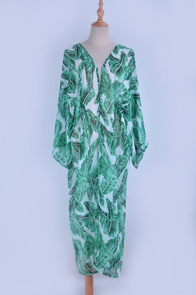 Green Chiffon Palm Leaf Print Holiday Kimono Cover Ups Dresses-Green-One Size-Free Shipping at meselling99