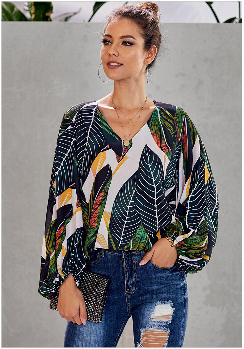 Women Floral Print Top Shirts Blouses-Leaf Print-S-Free Shipping at meselling99