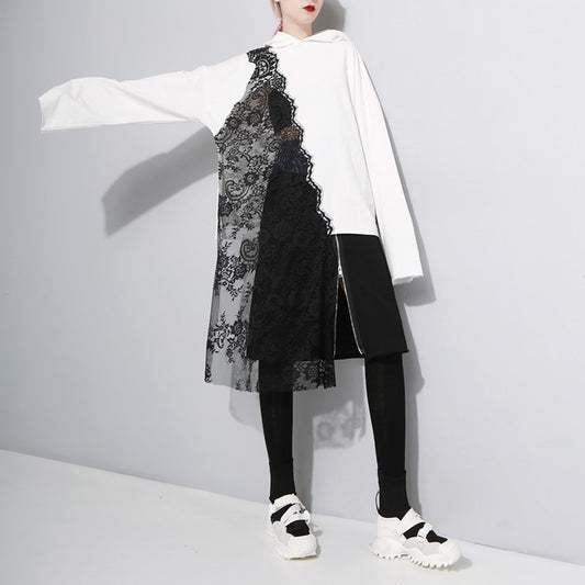 Women Asymmetric Black Lace Fall Hoodies-Women Sweaters-White-One Size-Free Shipping at meselling99