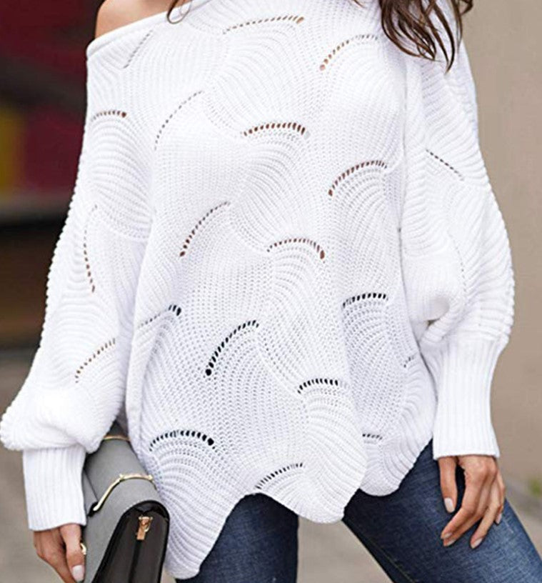 Leisure One Shoulder Plus Sizes Women Knitted Sweaters-Shirts & Tops-White-S-Free Shipping at meselling99