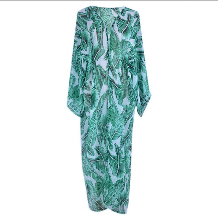 Green Chiffon Palm Leaf Print Holiday Kimono Cover Ups Dresses-Green-One Size-Free Shipping at meselling99