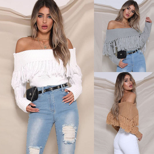 Sexy Off The Shoulder Tassels Women Short Sweaters-Tops-Free Shipping at meselling99