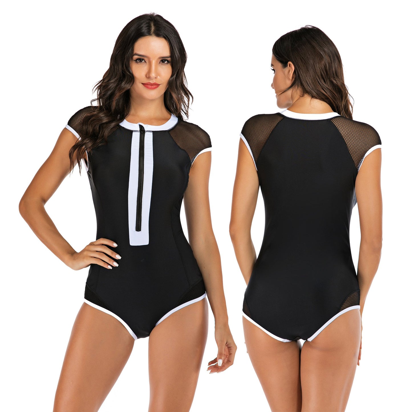 Sexy Sleeveless Zipper Diving One Piece Black Swimsuits-Swimwear-Free Shipping at meselling99