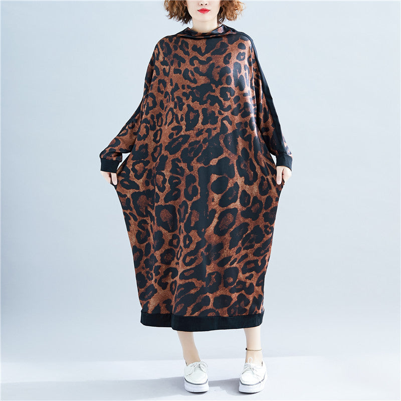 Fall High Neck Leopard Plus Size Long Dresses-Maxi Dresses-Free Shipping at meselling99