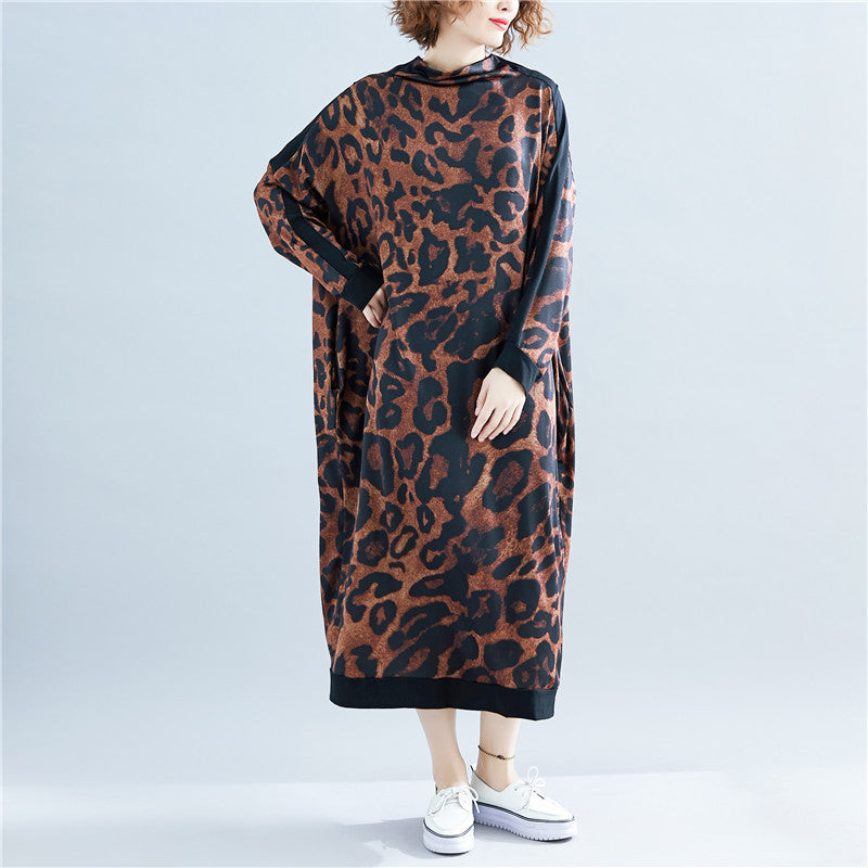Fall High Neck Leopard Plus Size Long Dresses-Maxi Dresses-Free Shipping at meselling99