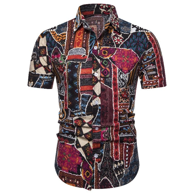 Ethnic Print Men's Summer Beach Short Sleeves Shirts-Shirts & Tops-CS7-M-Free Shipping at meselling99