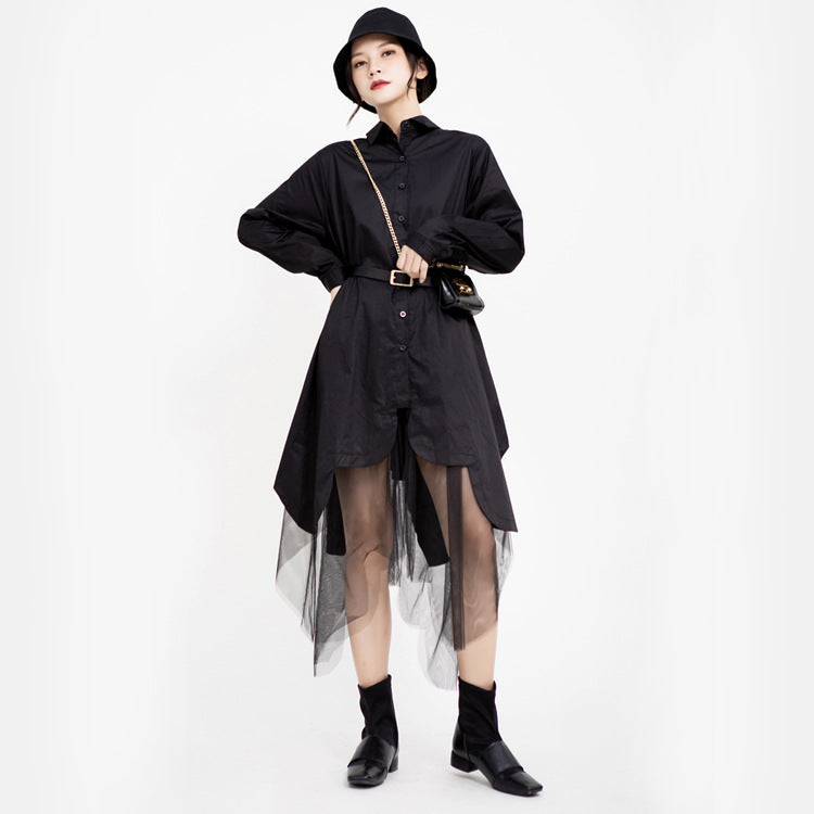 Women Turnover Collar Irregular Net Fall Shirt Dresses-Black-One Size-Free Shipping at meselling99