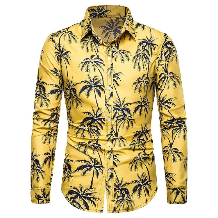 Casual Yellow Leaf Print Summer Long Sleeves Shirts for Men-Shirts & Tops-Yellow-M-Free Shipping at meselling99